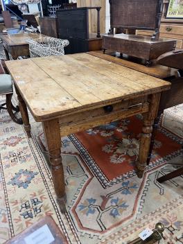 A small Victorian rectangular pine kitchen table, single frieze drawer, width 103cm, depth 71cm, height 71cm